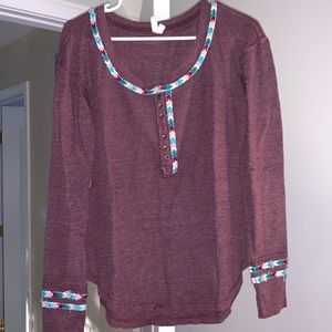 Free People Rainbow Maroon Embroidered Hem Thermal Top